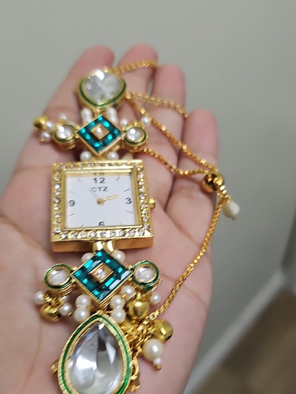 CTZ Gold-tone Pendant Watch Necklace with Green & White Accents - Picture 5 of 5